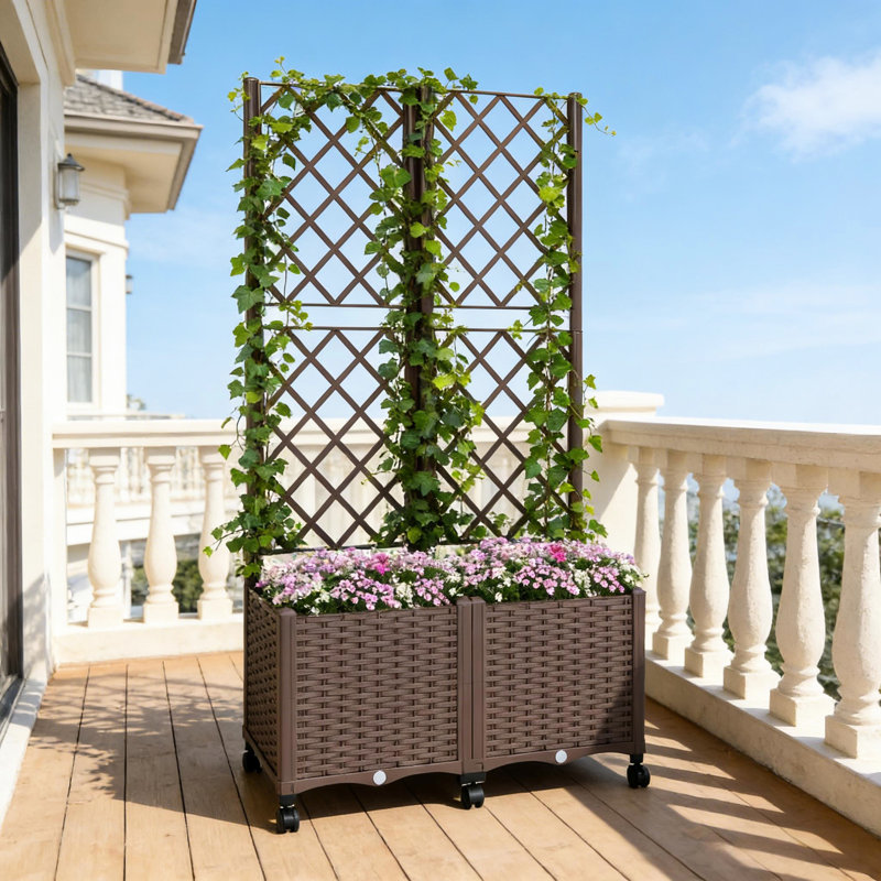 Boîte à fleurs mobile pour l'extérieur, avec treillis, support de croissance 2 en 1, fonction d'arrosage automatique, six roues à quatre freins, plastique PP aspect, volume de 22,5 gallons, boîte à fleurs brune élégante