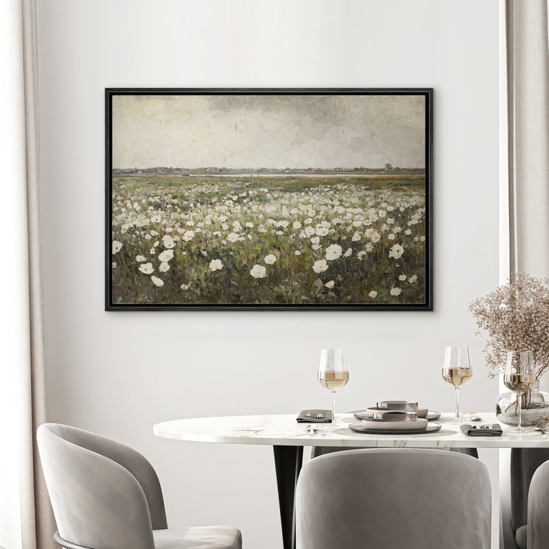 «White Wild Flower Field Classic Village», impression sur toile encadrée, H 16 po x l 24 po, Noir, noir, noir, noir