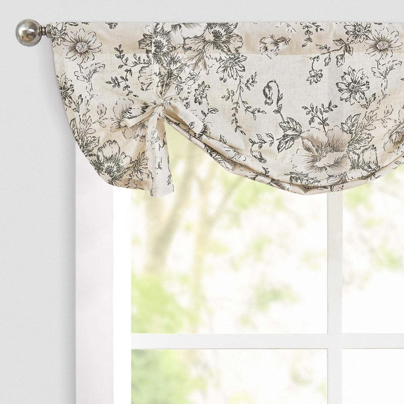 Floral Linen Tie Up Shade Valance, 42" W x 24" L, Black