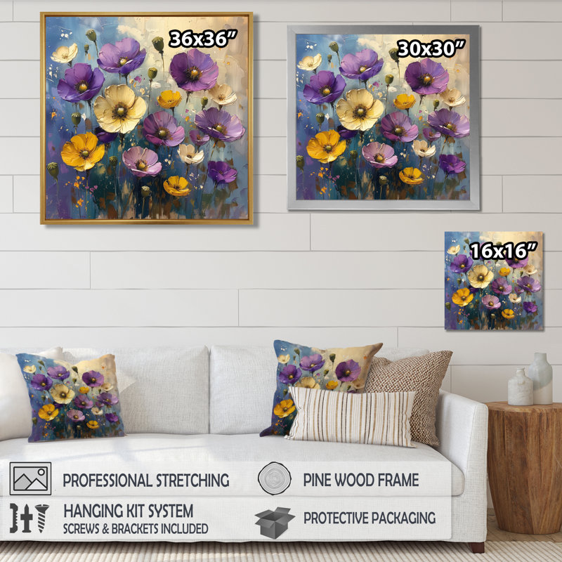 Bouquet de coquelicots jaune mauve d'été - Décoration murale coquelicots, Toile tendue, H 16 po x l 16 po