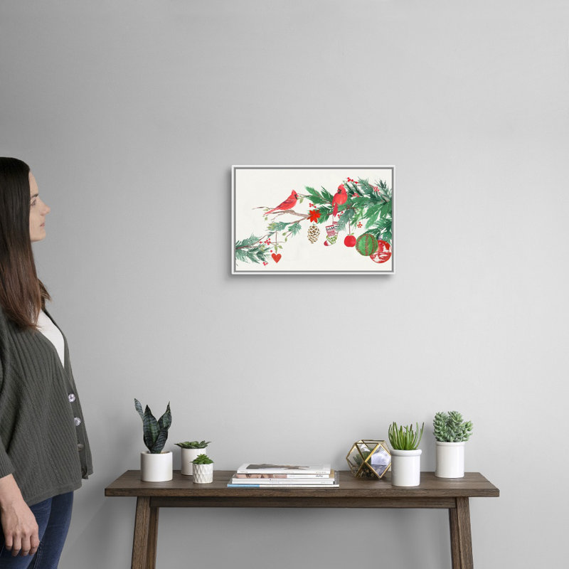 Oiseaux de Noël I - reproduction d'art sur toile, Cadre blanc, H 14 po x l 20 po x P 1,75 po