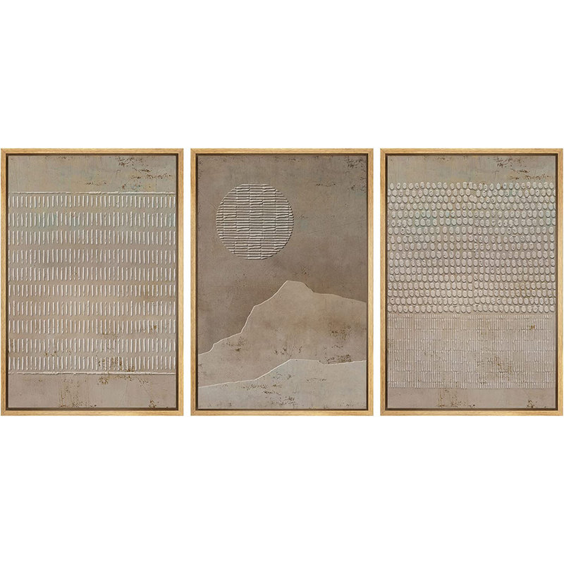 Geometric Line Grunge Geometric Minimalist Brown Abstract Frame Art 3 Piece Set - No Texture Graphic Canvas Print, Natural