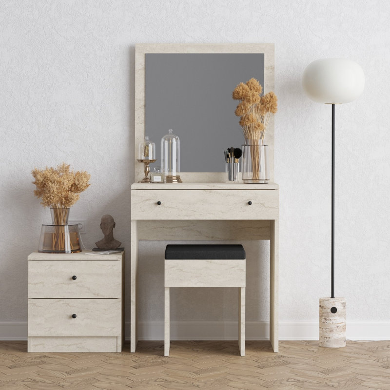 Modern Make-Up Table with Mirror, 25.6 x 54.7 x 13.8 inches | 100% Melamine Coated Particle Board, Thickness: 0.7 inches | Wall-Mountable with Stylish Nightstand & Chair - Elegant Marble Finish