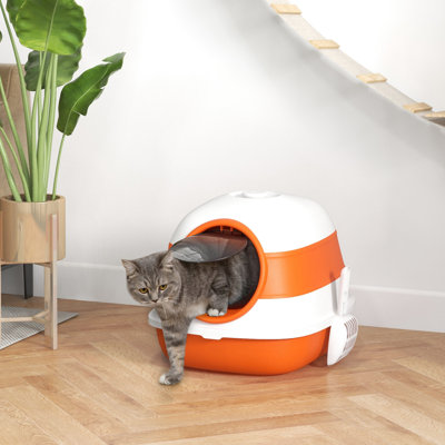Litière pour chat, recouverte pour réduire les odeurs, pliable, facile à nettoyer, grande entrée, côtés hauts, orange noir pour santé féline pliable et fonctionnelle, deux soins