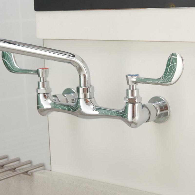 2-Handle Commercial Sink Faucet With 12" Swivel Spout 8" Center Wall Mount Kitchen Faucet