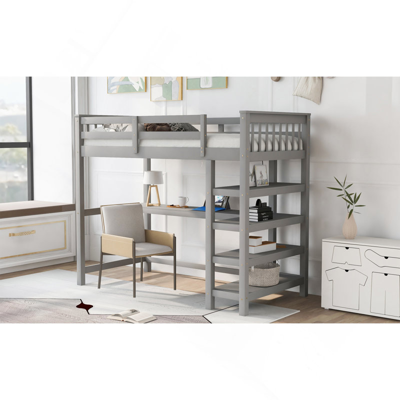 Lit mezzanine simple avec tablettes de rangement et bureau sous le lit, gris