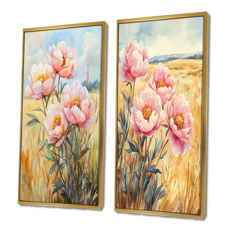 Pivoines dans le champ d'été I - Art mural floral 2 panneaux, H 28 po x l 25 po, Cadre flottant doré