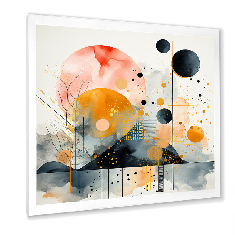 Paysage moderne noir et jaune forêt II - Art abstrait paysage mural, Cadre simple blanc, H 16 po x l 16 po x P 1 po