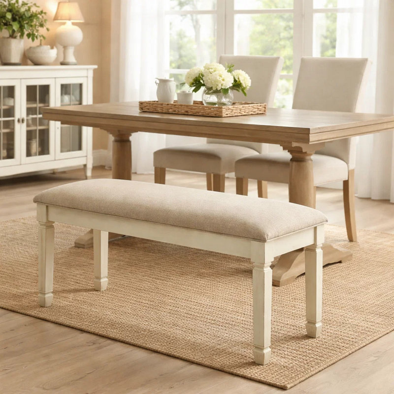 Bench, 41" Rectangular, Kitchen, Dining Room, Entryway, Bedroom, Upholstered, Wood, Transitional, Cream
