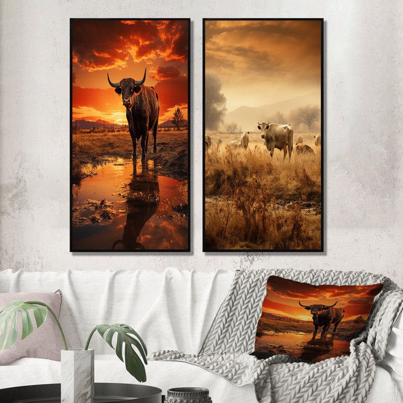 "Bétail Silhouette Serenade", 2 pièces sur toile, Cadre noir, H 20 po x l 24 po