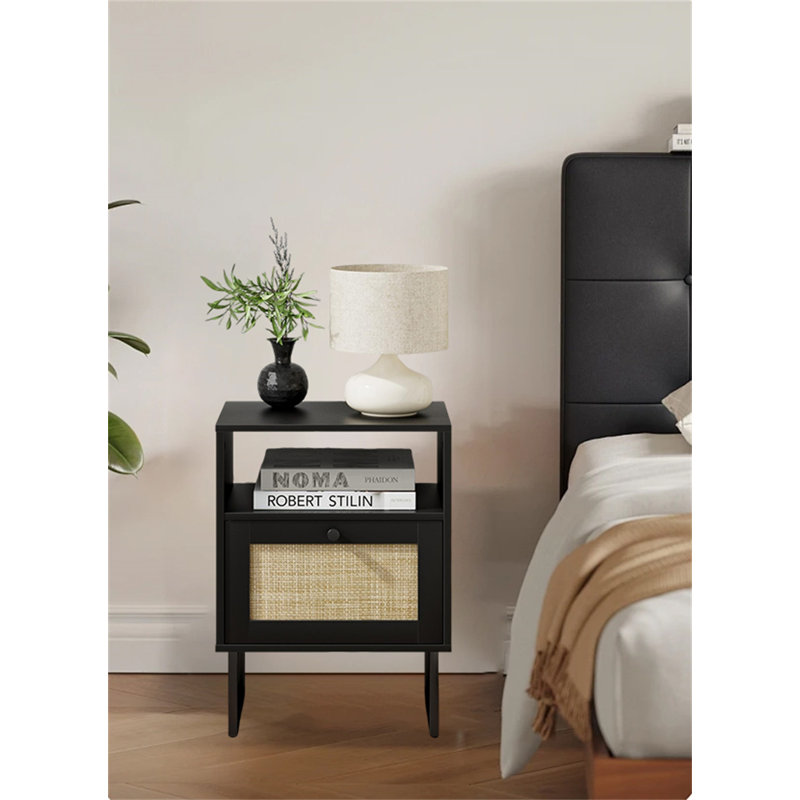 Bohemian Farmhouse Rattan Nightstand, Black