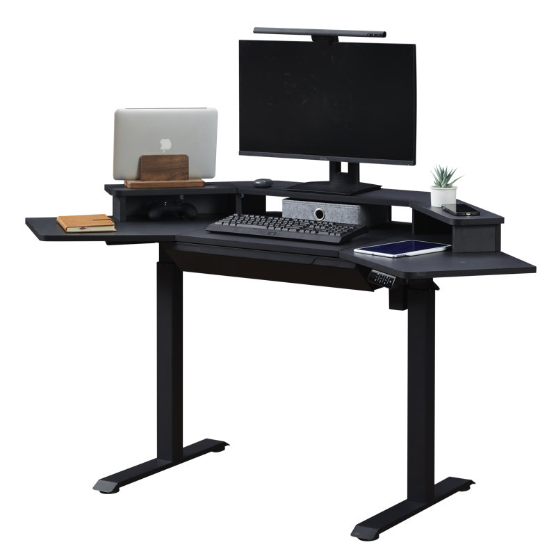 Adjustable Corner Standing Desk with Drawer, Monitor Stand, USB Hub, Wireless Charger for Home Office, Black, Black