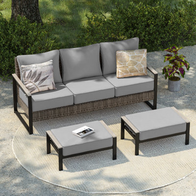 3 Pieces PE Rattan Patio Set, 3-Seater Sofa With Thick Cushions and Sturdy Frame