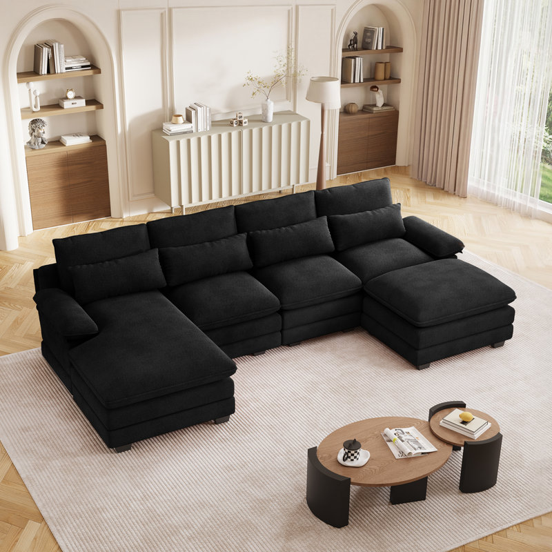  Canapé modulaire surdimensionné en U de 113 po de large avec accoudoirs larges, Polyester noir
