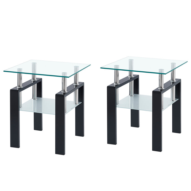 Tempered Transparent Glass End Table, 2-Layers Small Table With Storage, Living Room Side Table