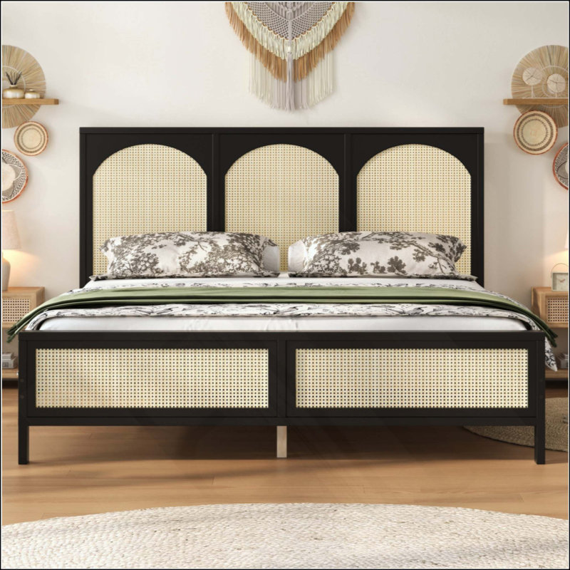 Lit plateforme en bois avec tête et pied de lit en rotin, Noir, Grand lit
