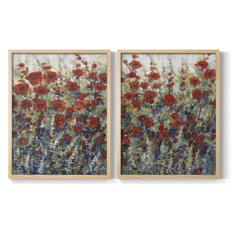 «Garden Poppies I», reproduction encadrée de qualité supérieure - prête à être accrochée - aucun clou requis - aucun clou requis