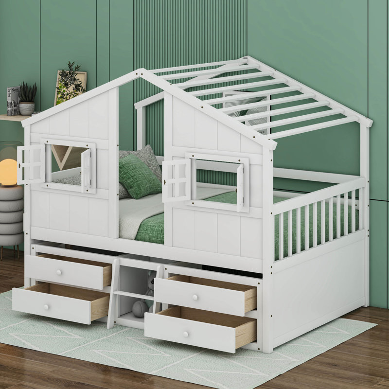 Structure de lit en bois pleine grandeur avec toit, fenêtres et 4 tiroirs de rangement, Blanc