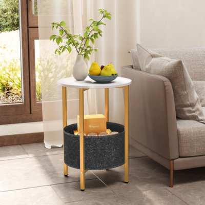 Round End Table 2-Tier Side Table With Removable Fabric Basket And Metal Frame