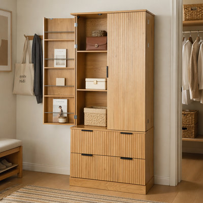Garde-manger cannelé 72 po avec 2 grands tiroirs et support à épices à 8 portes, organisateur de rangement autoportant pour salle de bain, salle à manger, bureau, entrée, chêne