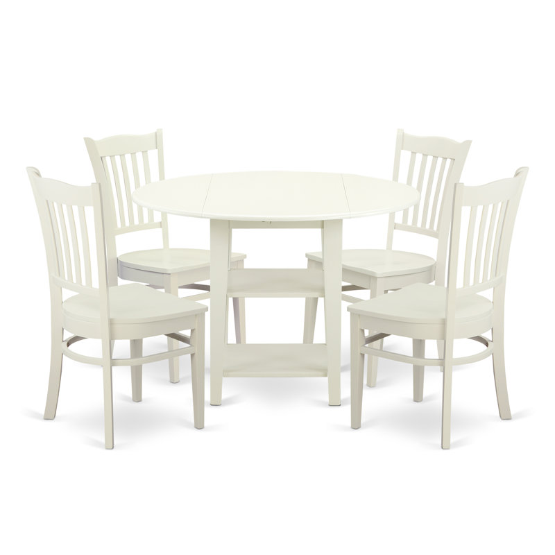 Ensemble de table de salle à manger 5 pièces pour 4 personnes comprenant une table de cuisine ronde avec Dropleaf et tablettes et 4 chaises de cuisine, lin blanc