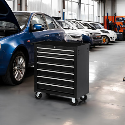Rolling Tool Box With 7 Drawers For Warehouse. Plentiful Capacity, Effortless Rolling, Strong Build 7 Chest Wheels Workshop. Abundant Storage Space, Easy Mobility, Rust- Steel