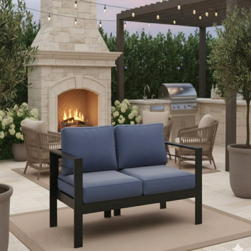 50" All-Weather Aluminum Patio Loveseat With Thick Blue Cushions & Black Frame, Blue, Black