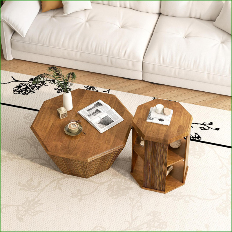 Ensemble de tables basses octogonales 31,5 po en bois d'hévéa naturel, 2 pièces peu encombrantes pour le salon, faciles à assembler Propre