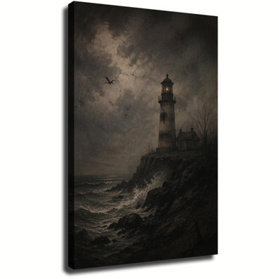 Dark Stormy Cliff Lighthouse Canvas Wall Art, Vintage Ocean Waves Seaside Lighthouse Halloween Themed Artwork For Home Wall Decoration