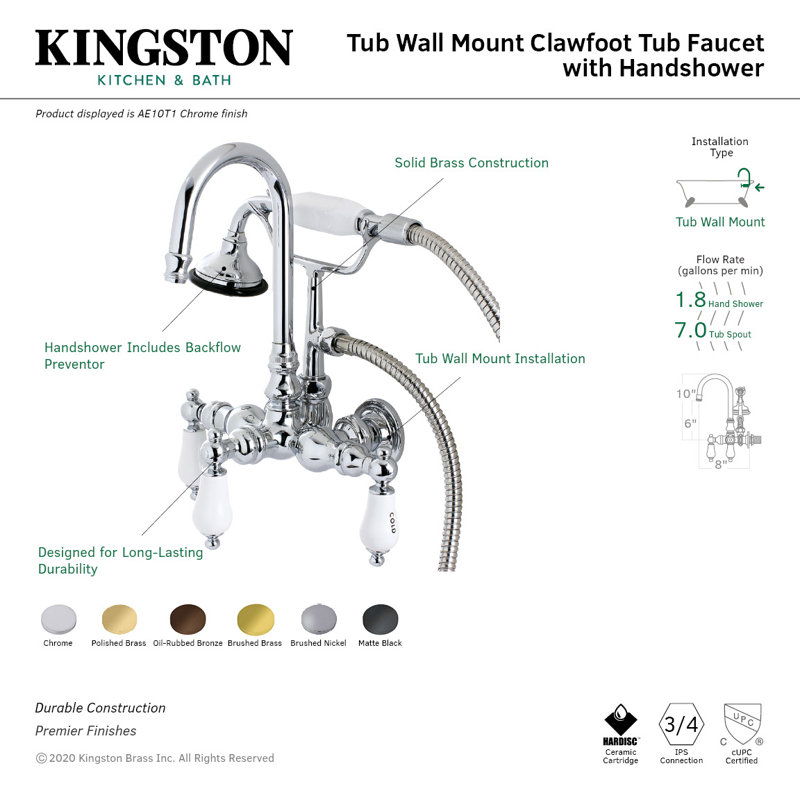 Vintage Triple Handle Wall Mounted Clawfoot Tub Faucet Trim with Diverter, Brushed Nickel