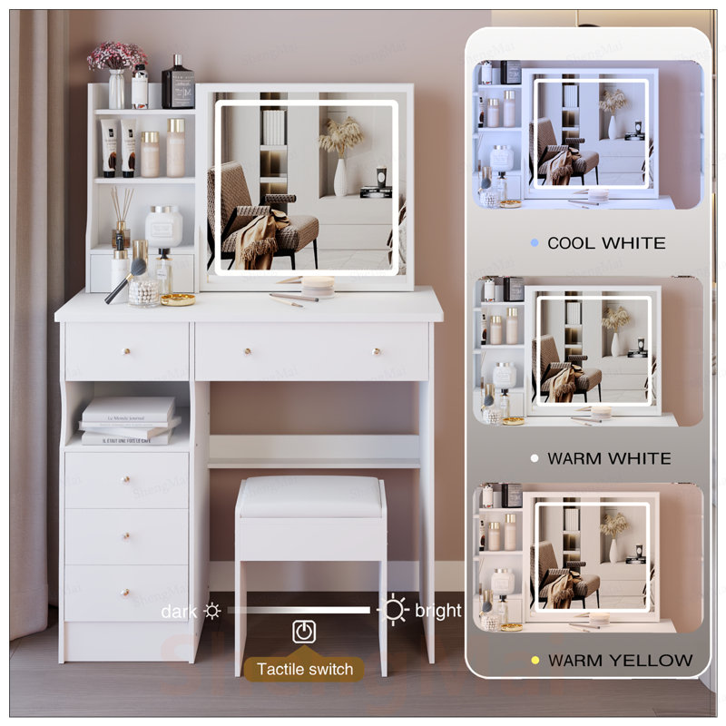 Ensemble de coiffeuse à gauche avec tabouret rembourré, miroir coulissant, commande tactile, rangement à grande capacité, ensemble de maquillage tendance