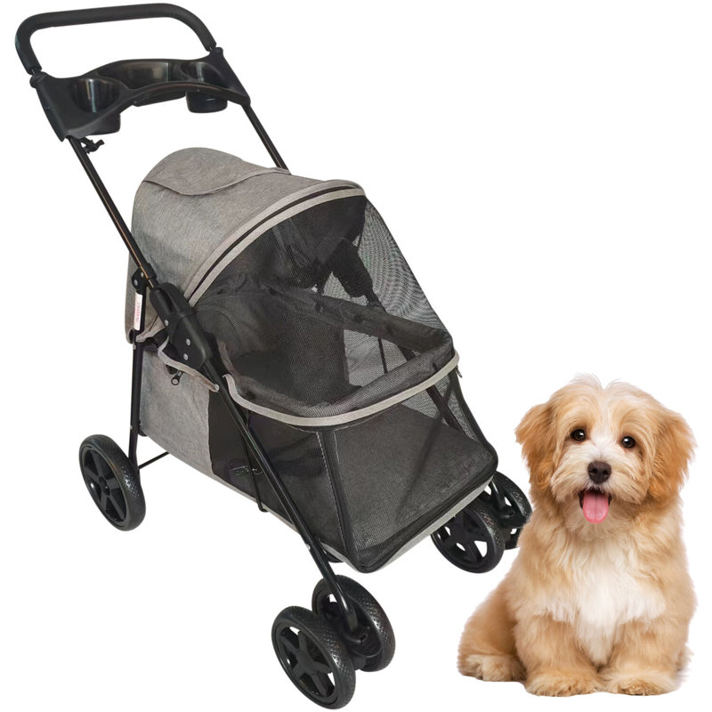 Foldable Gray Pet Stroller with Breathable Mesh for Small to Medium Dogs