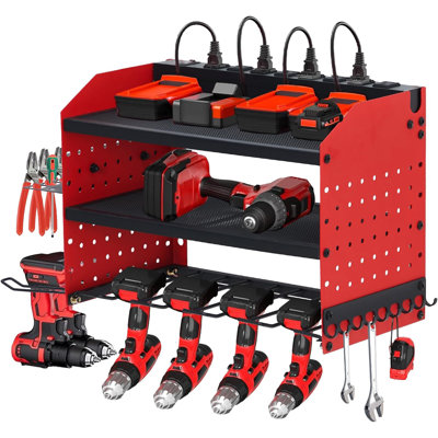Power Tool Organizer Wall Mount with Charging Station, Heavy Duty 3-Layer Garage Rack with 8 Outlets, 4 Drill Storage Shelf with Hooks, Drill Bit Shelf Battery Storage Holder for Garage, Workbench