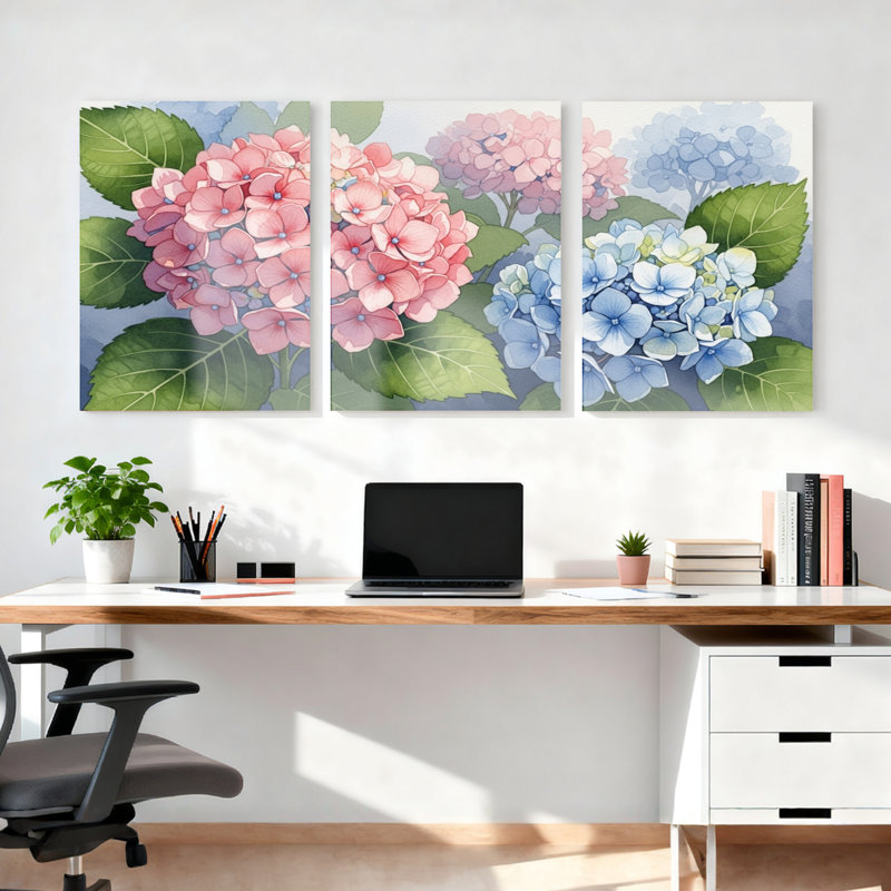 Hydrangées, impression sur toile, ensemble de 3 panneaux (fleurs roses et bleues avec feuilles vertes), idéal pour le salon, la chambre à coucher ou la salle de bain