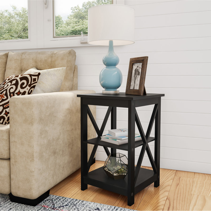 Wooden End Table with Storage Modern Sofa Side Table with X-Shape Design and Two Shelves, Black