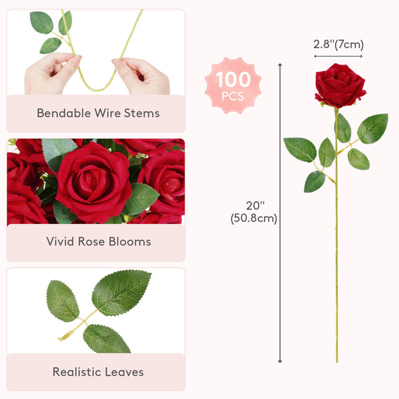 100 Pcs Red Artificial Roses Flowers In Bulk, Fake Long Stem Silk Roses For Diy Wedding Bouquets, Centerpieces Arrangements, Valentine Decorations