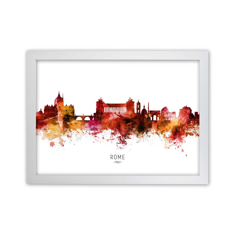 Rome Italy Skyline Red City Name by Michael Tompsett - Print, 34cm H x 46cm W x 3cm D, White Framed