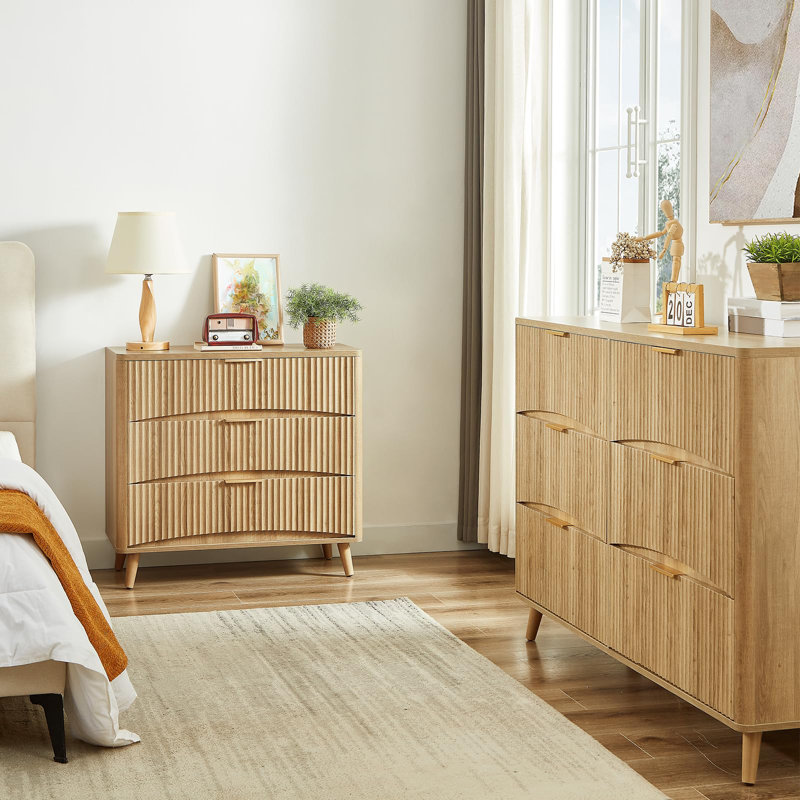 Large Fluted Nightstand Set Of 2,  3 Drawer Night Stand Bedside Table, Mid Century Modern Small Wood Dresser For Bedroom