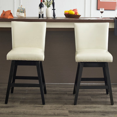 Upholstered Swivel Bar Stools Set Of 2, Modern PU Leather High Back Counter Chairs With Nailhead Trim And Wood Frame, For Kitchen Island & Home Bar, Cream White