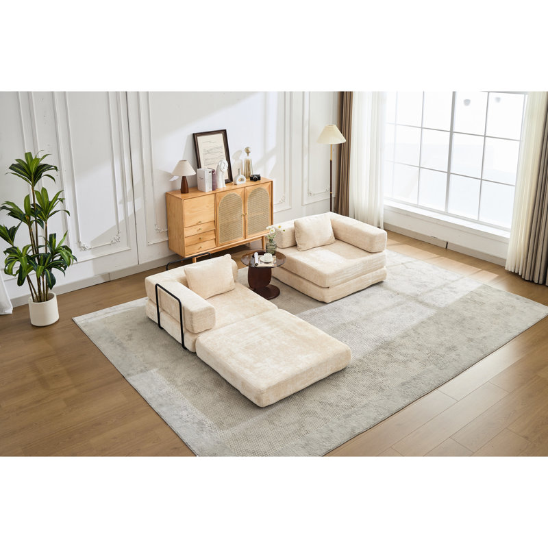 Compression, 2 places, modulaire désossé, lit convertible, sans assemblage, beige, modulaire au sol pour salles de jeux, tissu chenille, petits appartements