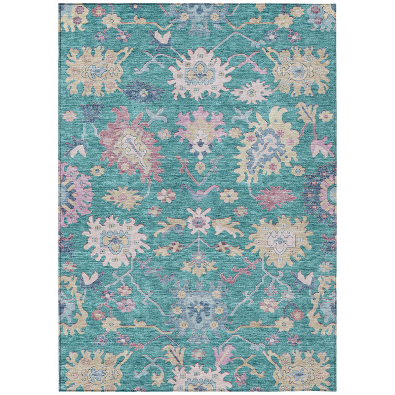 Tapis extérieur lavable floral bleu sarcelle et ivoire 3 pi x 5 pi