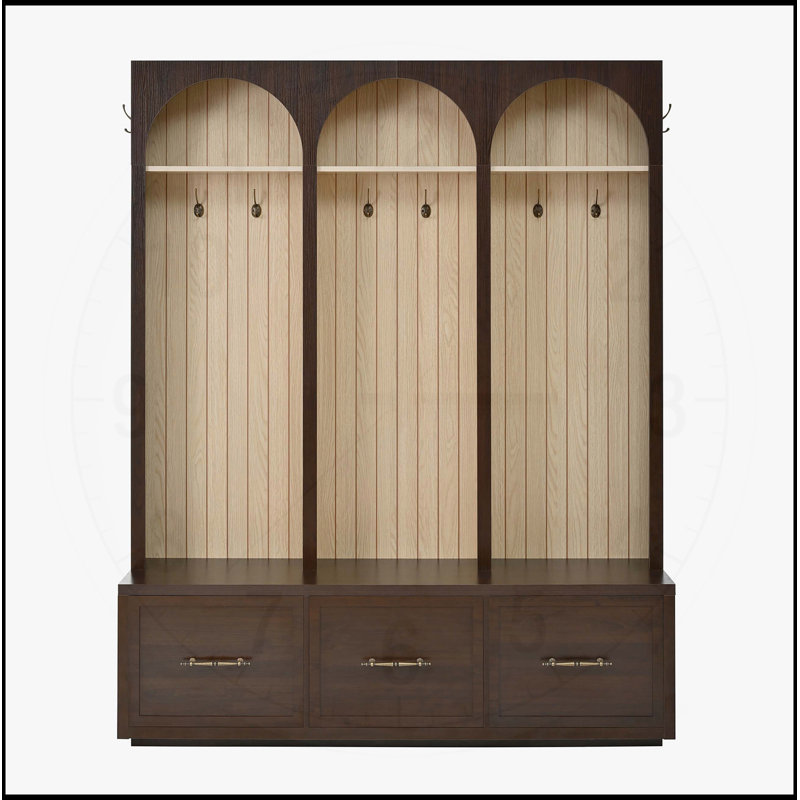 Farmhouse Wooden Style Hall Tree with Arched Design, Elegant Entryway Bench with 8 Hooks and 3 Drawers, Rustic Coat Rack & Shoe Organizer, Dark Walnut, 74.8H