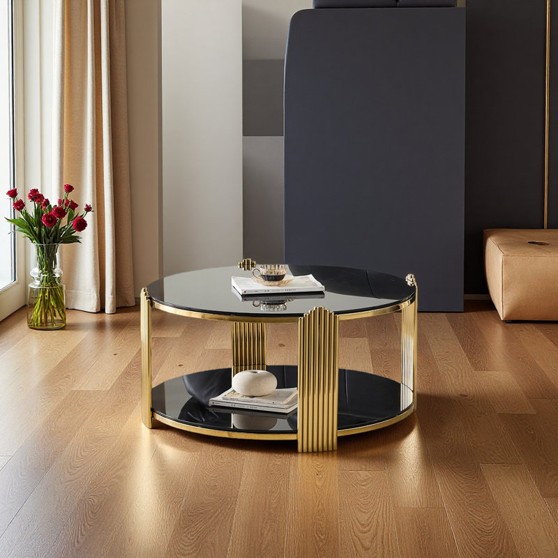 Table basse de 35 pouces, table de salon en verre trempé double couche et structure en acier inoxydable