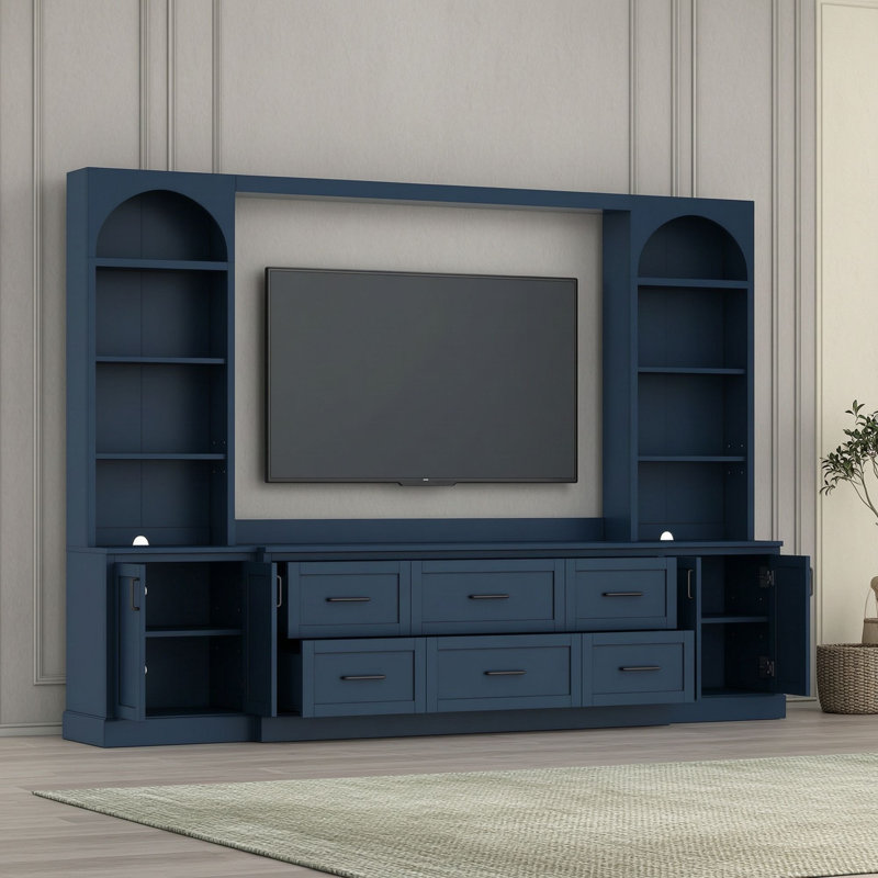 Meuble télé mural moderne avec 6 tiroirs, tablettes ajustables et 2 placards, Bleu