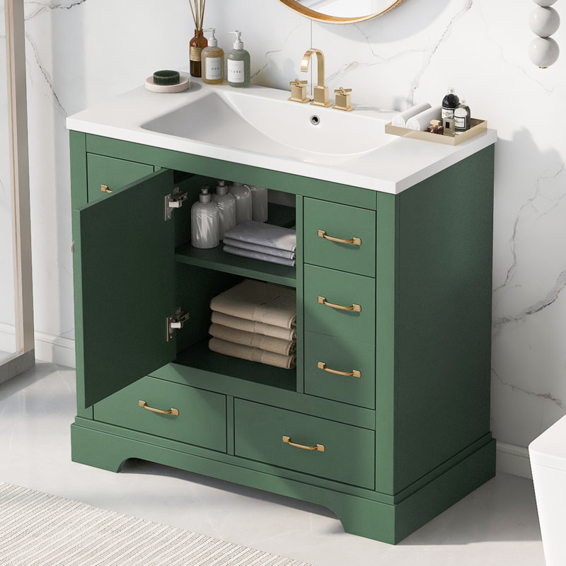 Meuble-lavabo de 91 cm avec lavabo intégré, 6 tiroirs, vert