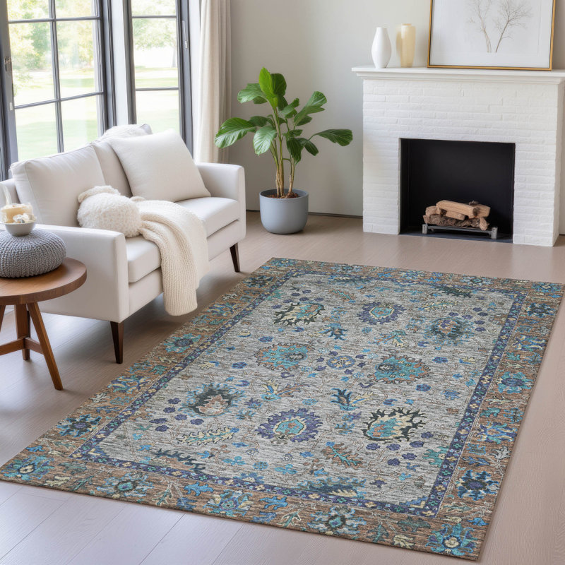 Machine Washable Indoor/Outdoor Xhevrie Pewter Rug, Rectangle 10' x 14'