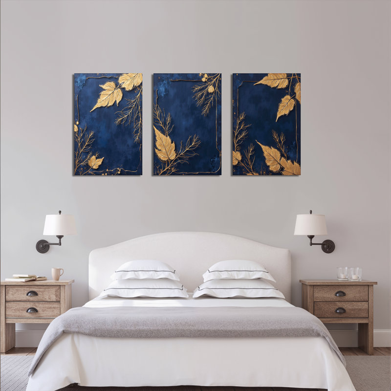 Feuille d'or et branches dorées, impression abstraite bleu marine sur toile (ensemble de 3), H 30 po x l 60 po