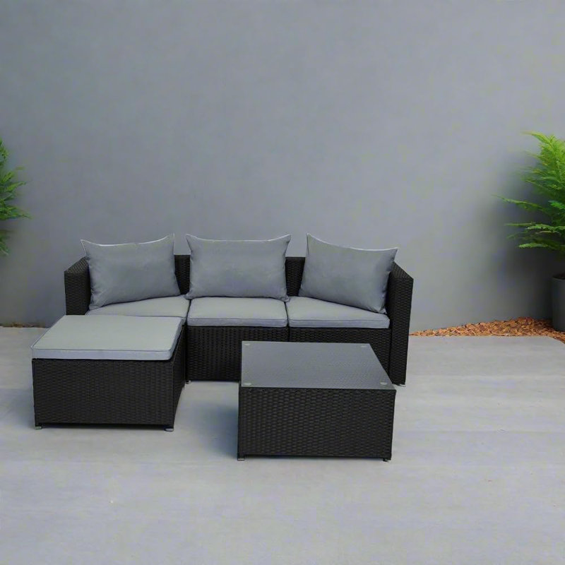17 Stories Outdoor Rattan Garden Furniture Set Brown Robette Conservatory Patio Sofa coffee table, Grey, Black