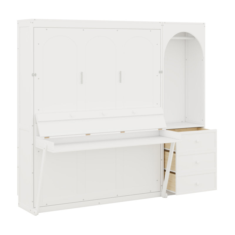 Lit escamotable classique avec 3 tiroirs, tablette de rangement et tringle pour garde-robe, Blanc