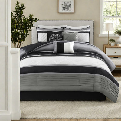 Elegant 7-piece Bedding Set, Grey Polyester Comforter With Faux Silk Details, All-season Hypoallergenic Cal King